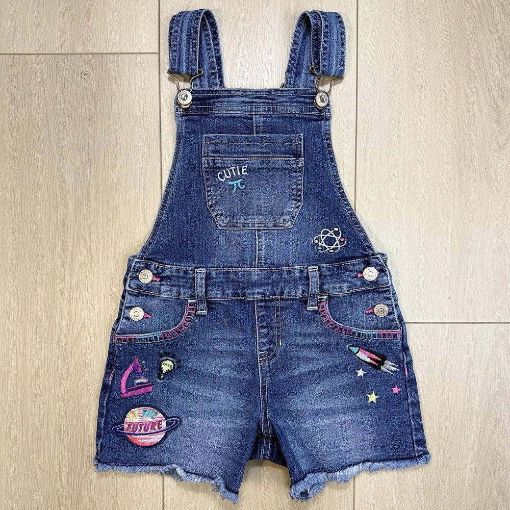 Jordache Girls Denim Shortalls M 7/8 Science Space Embroidered Cutoff‎ Overalls